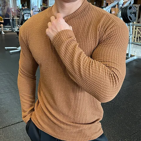 Men Casual Cotton Waffle Knit Top Fashion Long Sleeve Solid Color Round Neck Pullover Knitted Sweatshirt For Autumn Winter