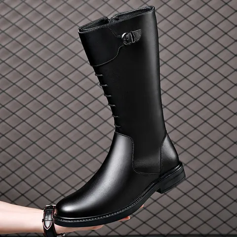 Heren Ruiterschoenen Kunstleer Kniehoog Martin Laarzen Herfst Winter Warm Gevoerd Ceremonie Laarzen Zwart Effen Neus