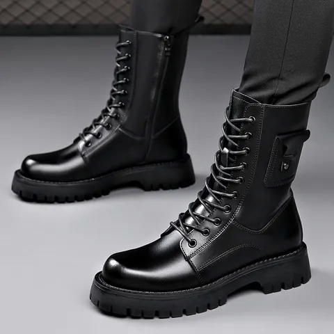Herren Martin Boots Mikrofaserleder Seitenreißverschluss Plateausohle Britischer Arbeitsstil Höhenverstellbar Trend Schwarz Stiefel
