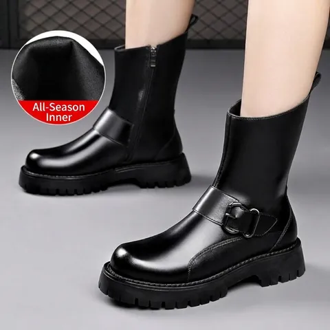 Men Fashion Martin Boots Chelsea Style Soft PU Leather Thick Sole Side Zipper Motorcycle Boots For Winter Warm Casual Outdoor