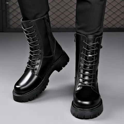Herren Martin Boots Mikrofaserleder Seitenreißverschluss Plateausohle Britischer Arbeitsstil Höhenverstellbar Trend Schwarz Stiefel