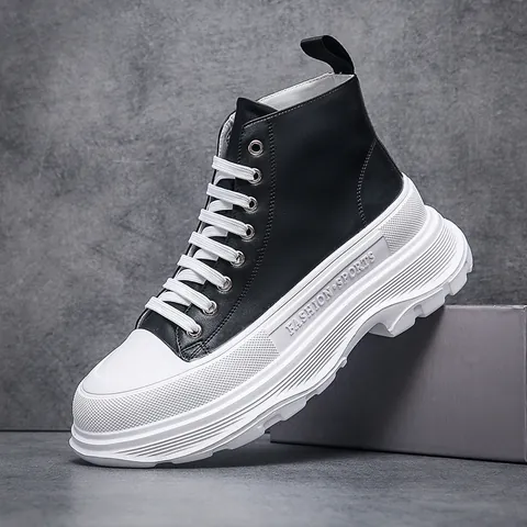 Men's High Top Fashion Boots Thick Sole Platform Height Increasing Sneakers Microfiber Leather Casual Short Boots for Men