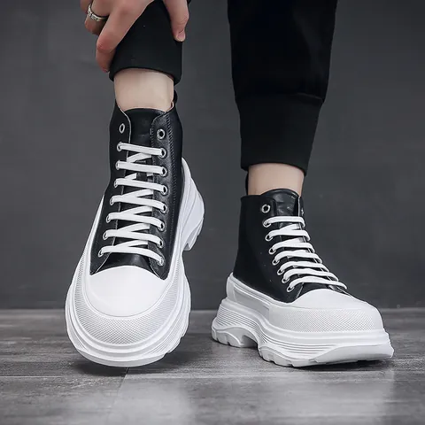 Men's High Top Fashion Boots Thick Sole Platform Height Increasing Sneakers Microfiber Leather Casual Short Boots for Men