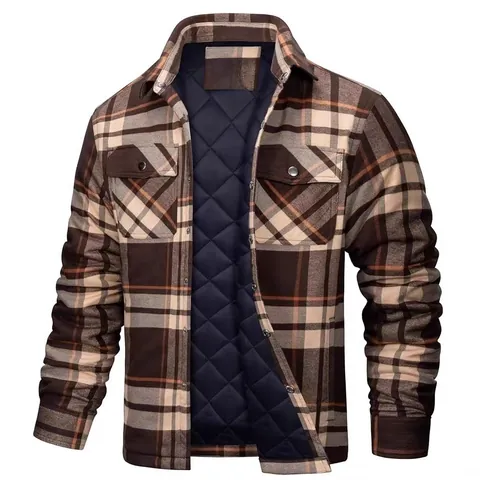 Men Casual Plaid Padded Jacket Long Sleeve Lapel Button Up Outerwear Winter Warm Checkered Top For Men Clothing