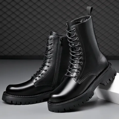 Herren High Top Martin Stiefel Schwarz Schnürung Seitlicher Reißverschluss Mikrofaser Leder Kampfstiefel Plateau Warm Winterschuhe