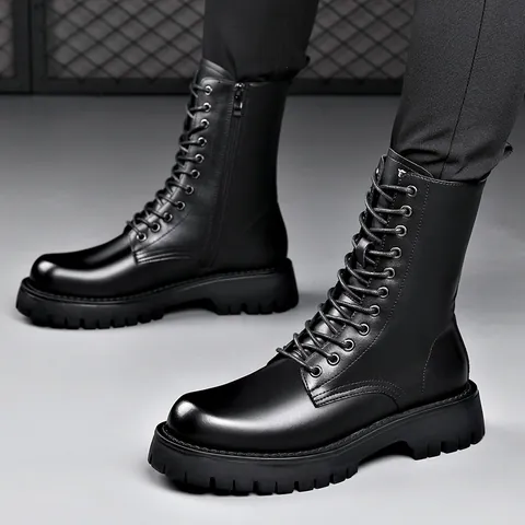 Herren High Top Martin Stiefel Schwarz Schnürung Seitlicher Reißverschluss Mikrofaser Leder Kampfstiefel Plateau Warm Winterschuhe