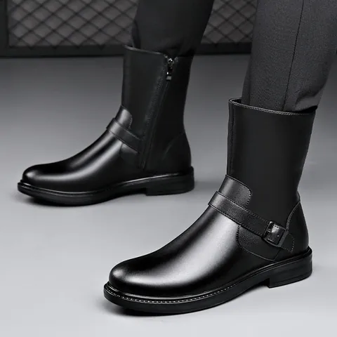 Men's Winter High Top Martin Boots Microfiber Leather Fleece Lined Side Zipper Knight Motorcycle Boots Casual Non-Slip Shoes