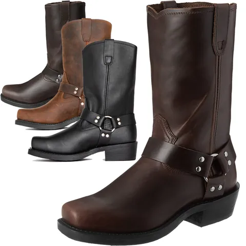 Men Square Toe Harness Biker Boots Mid Calf Western Cowboy Boots Rivet Ring Strap PU Leather Texture Motorcycle Fashion Shoes