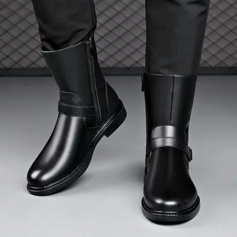 Men's Winter High Top Martin Boots Microfiber Leather Fleece Lined Side Zipper Knight Motorcycle Boots Casual Non-Slip Shoes