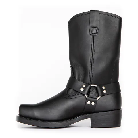 Men Square Toe Harness Biker Boots Mid Calf Western Cowboy Boots Rivet Ring Strap PU Leather Texture Motorcycle Fashion Shoes