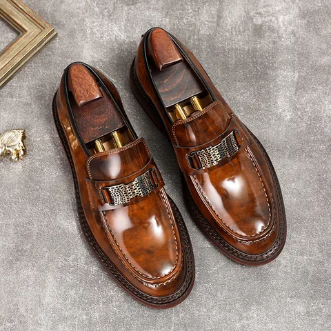 Men Business Casual Leather Loafers British Style Polished Cowhide Slip-on Dress Shoes With Metal Buckle Rubber Sole Office Footwear