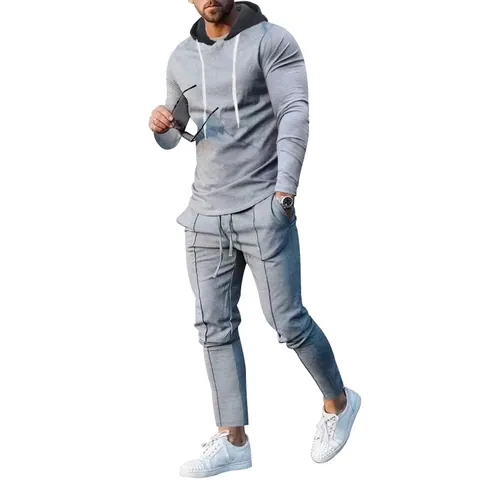 Men's Casual Sports Suit Polyester Hooded Sweatshirt And Slim Fit Long Pants Top And Bottom Set For Spring Autumn