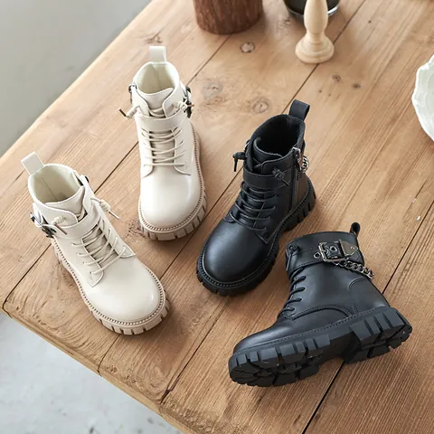 Kinder Britischer Stil Martin Stiefel Herbst Winter Warm PU Leder Rutschfest Kurzstiefel Mit Seitlichem Reißverschluss