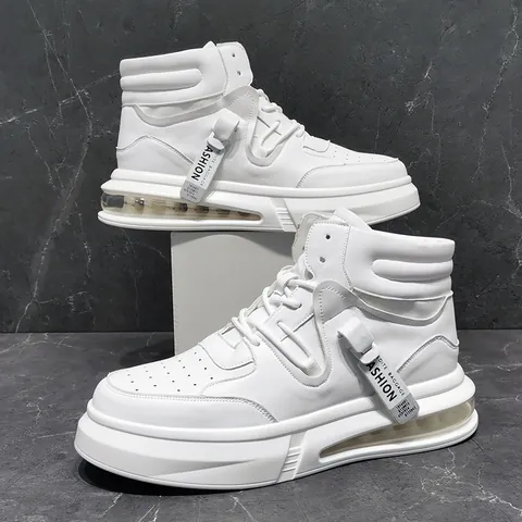 Men's Mid-Top Casual Shoes Microfiber Leather Fashion White Sneakers Wear-Resistant Air Cushion Platform Skate Shoes For Daily Outing