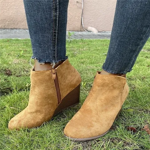 Dames Retro Wedge Enkellaarzen Suède Ronde Neus Zijrits Hoge Hak Chelsea Boots Herfst Winter Comfortabele Schoenen
