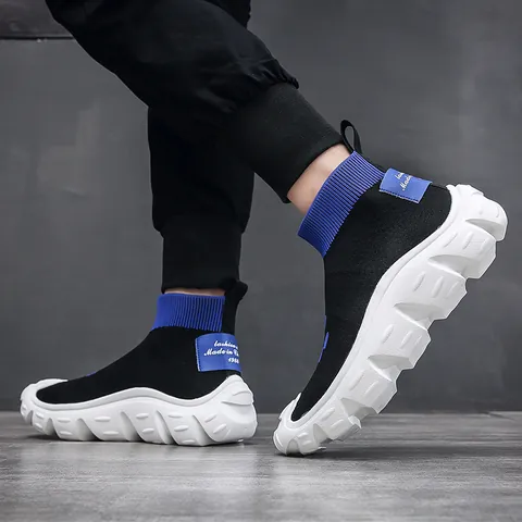 Men Casual Flyknit Sock Sneakers Breathable Thick Soft Sole Mesh Slip On Walking Shoes Fashion Outdoor Sports Lightweight Trainers