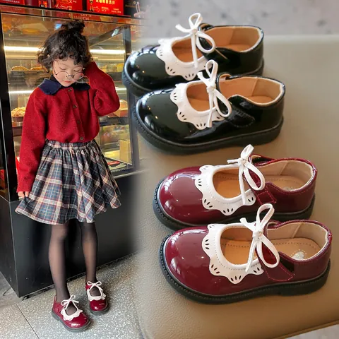 Chaussures Mary Jane Princesse pour Filles Nœud Doux Bord Festonné en Cuir Verni Chaussures de Danse Plates Enfants Noir Rouge