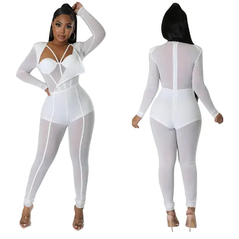 Women's Sexy See-Through Mesh Jumpsuit V-Neck Cross Strap Long Sleeve Bodycon Romper For Nightclub Party Jumpsuits