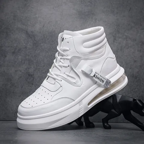Men's Mid-Top Casual Shoes Microfiber Leather Fashion White Sneakers Wear-Resistant Air Cushion Platform Skate Shoes For Daily Outing