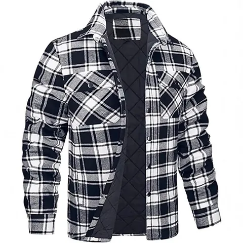 Men Casual Plaid Jacket Shacket Quilted Padded Lining Lapel Long Sleeve Single Breasted Loose Fit Outwear Coat For Autumn Winter