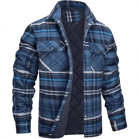 Men Casual Plaid Jacket Shacket Quilted Padded Lining Lapel Long Sleeve Single Breasted Loose Fit Outwear Coat For Autumn Winter
