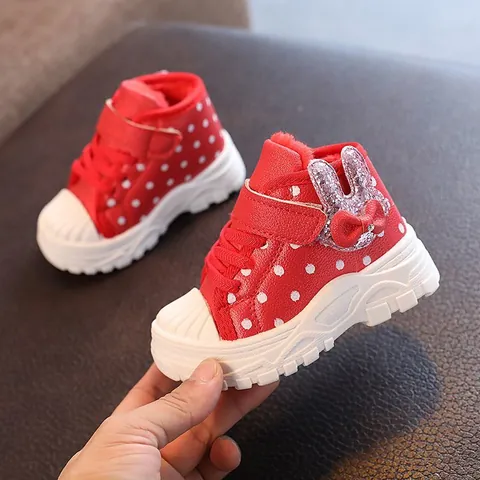 Winter Thickened Girls Princess Martin Boots Warm Fleece Lined Polka Dot Bunny Ear Bow Snow Boots Toddler Non-Slip Mid-Top Shoes