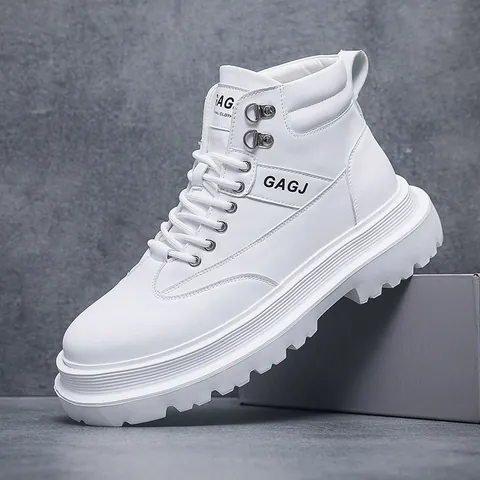 Men's High-Top Board Shoes British Style Thick Sole Height Increasing Motorcycle Boots Microfiber Leather Casual Fashion Sneakers