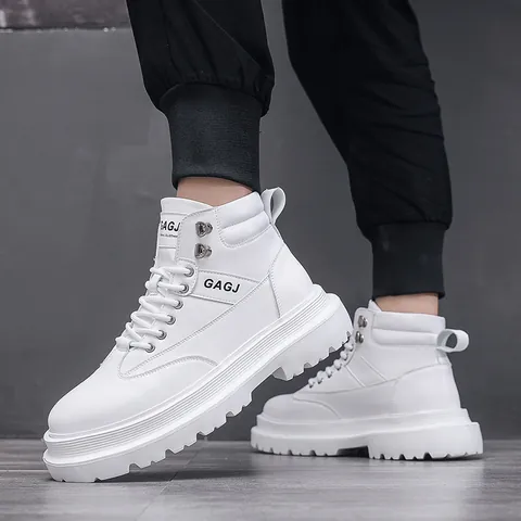 Men's High-Top Board Shoes British Style Thick Sole Height Increasing Motorcycle Boots Microfiber Leather Casual Fashion Sneakers