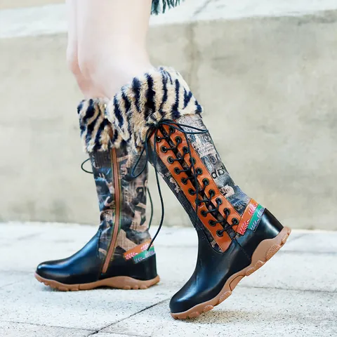 Women's Tall Boots Patchwork Sheepskin Newspaper Print Faux Fur Trim Flat Winter Warm Lace Up Side Zipper Retro Boots