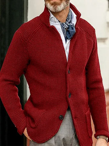 Men Stand Collar Waffle Knit Cardigan Single Breasted Button Down Sweater Warm Long Sleeve Top Winter Fashion Coat