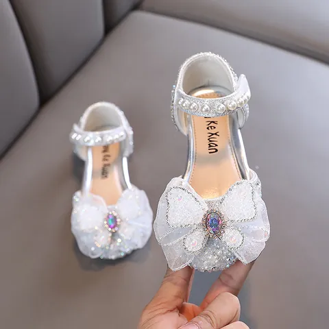 Girls Princess Shoes Shiny PU Rhinestone Bowknot Artificial Pearl Soft Sole Toddler Performance Wedding Dance Party Flat Shoes