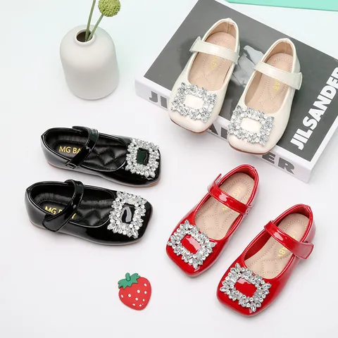 Girls Korean Style PU Leather Single Shoes Vintage Square Toe Rhinestone Buckle Soft Sole Mary Jane Flat Shoes For Children