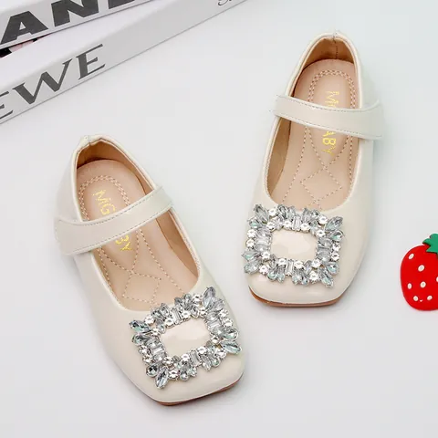 Girls Korean Style PU Leather Single Shoes Vintage Square Toe Rhinestone Buckle Soft Sole Mary Jane Flat Shoes For Children