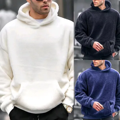 Sudadera con Capucha para Hombre Invierno Forro de Felpa Franela Lana de Cordero Color Sólido Bolsillo Canguro Top