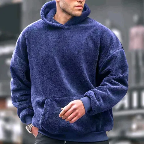 Sudadera con Capucha para Hombre Invierno Forro de Felpa Franela Lana de Cordero Color Sólido Bolsillo Canguro Top