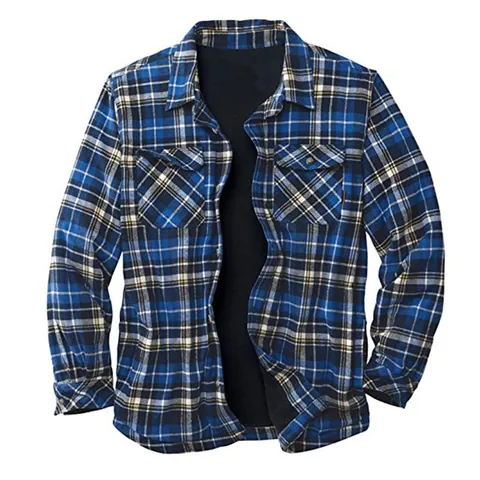 Men's Casual Plaid Fleece Lined Jacket Fashion Turn-down Collar Button Down Long Sleeve Warm Flannel Shirt Jacket Top