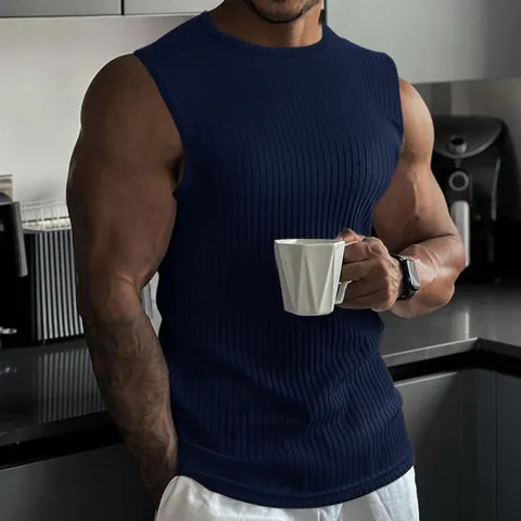 Men Sporty Knitted Ribbed Tank Top Polyester Slim Fit Sleeveless Workout Gym Fitness Running Undershirt Top