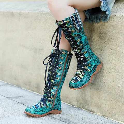 Women Bohemian Vintage Knee High Boots Peacock Green Rose Floral Sheepskin Leather Patchwork Knit Lace-up Flat Long Boots