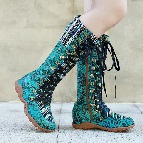 Women Bohemian Vintage Knee High Boots Peacock Green Rose Floral Sheepskin Leather Patchwork Knit Lace-up Flat Long Boots