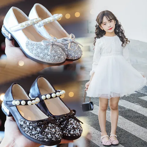 Girls Princess Leather Shoes PU Rhinestone Bow Pearl Mary Jane Flat Shoes Fashionable Wedding Party Crystal Single Shoes