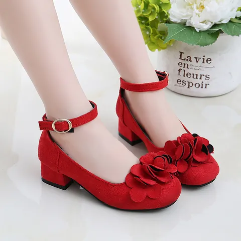 Girls Flower Mary Jane Shoes Princess Dress Shoes Student Performance Square Heel PU Leather Shallow Mouth Single Shoes