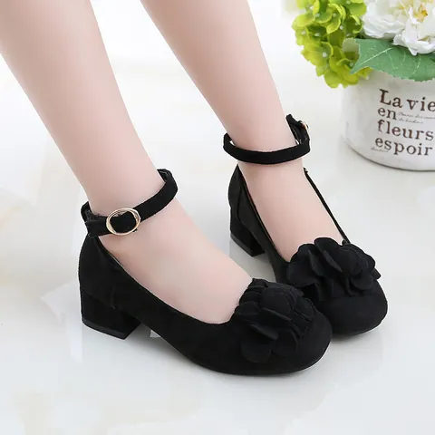 Girls Flower Mary Jane Shoes Princess Dress Shoes Student Performance Square Heel PU Leather Shallow Mouth Single Shoes