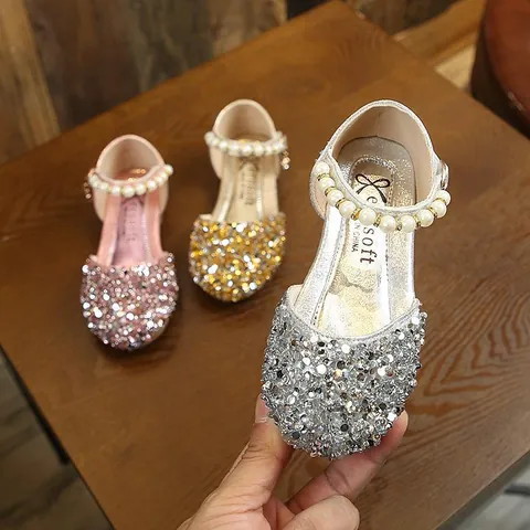 Girls Rhinestone Princess Shoes PU Artificial Pearl Mary Jane Flats Cinderella Crystal Party Wedding Performance Dress Shoes