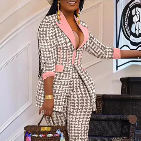Women Shawl Collar Blazer Pants 2 Piece Set Printed Houndstooth Floral Geometric Slim Fit Top And Bottom Suit
