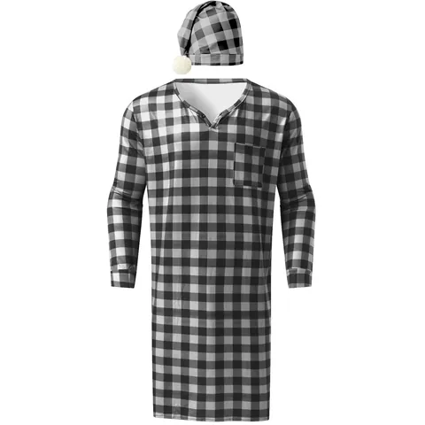 Men Buffalo Plaid Print Nightshirt And Hat Set Long Sleeve Henley V Neck Pajamas Loose Comfort Sleepwear Loungewear