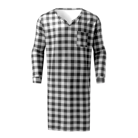 Men Buffalo Plaid Print Nightshirt And Hat Set Long Sleeve Henley V Neck Pajamas Loose Comfort Sleepwear Loungewear