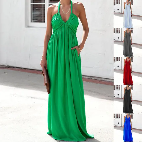 Women Sexy Halter Neck Deep V-Neck Maxi Dress Backless Sleeveless Solid Color High Waist A-Line Long Holiday Party Dress
