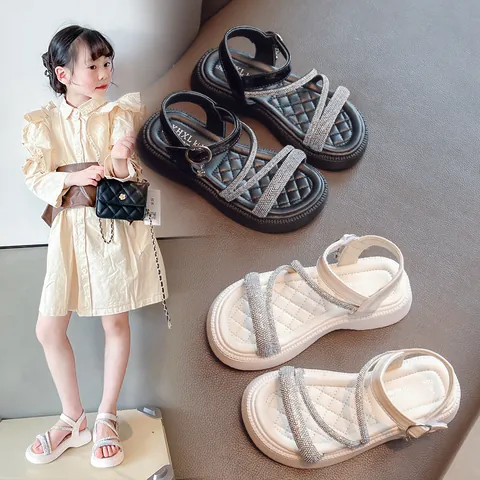 Little Girls Fashion Roman Sandals Summer Rhinestone Strappy Open Toe Beach Shoes Soft Sole Casual Sandals For Middle Big Kids