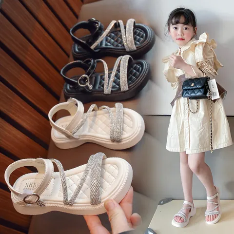 Little Girls Fashion Roman Sandals Summer Rhinestone Strappy Open Toe Beach Shoes Soft Sole Casual Sandals For Middle Big Kids