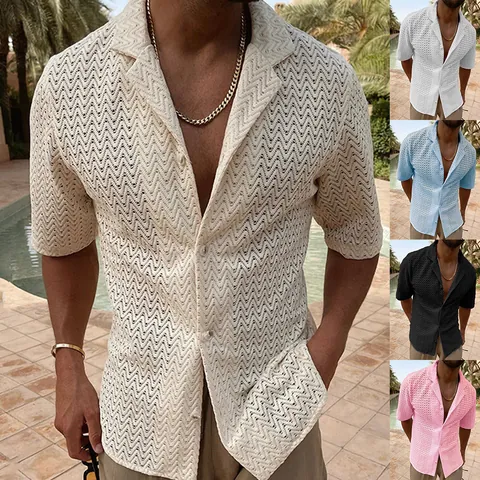Men Casual Acrylic Hollow Out Knit Cardigan Slim Fit Lapel Short Sleeve Button Up Breathable Summer Vacation Resort Top